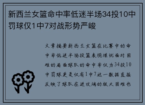 新西兰女篮命中率低迷半场34投10中罚球仅1中7对战形势严峻