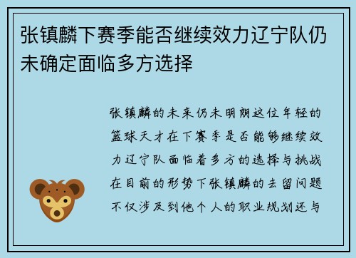 张镇麟下赛季能否继续效力辽宁队仍未确定面临多方选择